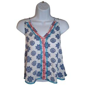 Altard State Womens Sleeveless Blouse Small Blue Floral Tribal Accent VNeck Boho